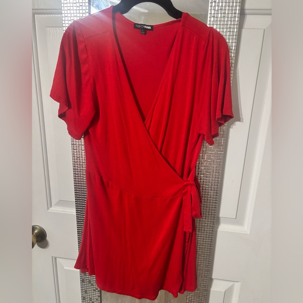 Fashion Nova Bright Red Wrap Romper with Tie Waist